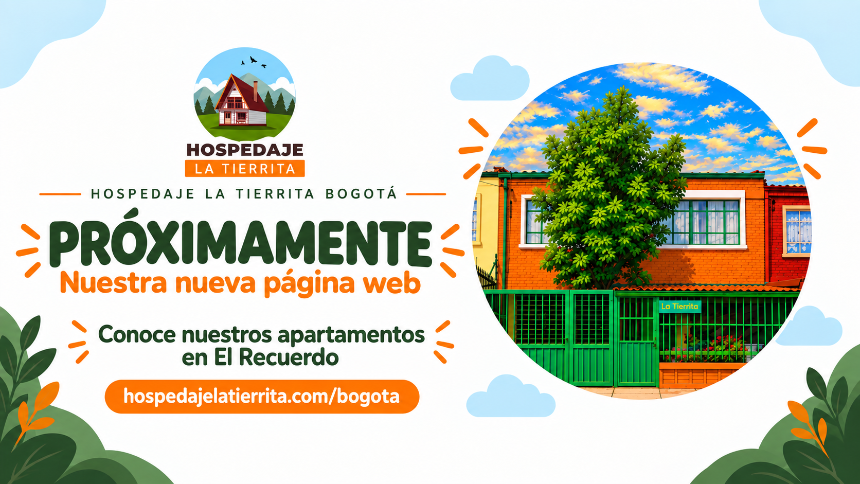 Anuncio de la nueva página web de La Tierrita Bogotá, con la fachada de ladrillo y rejas verdes del hospedaje.